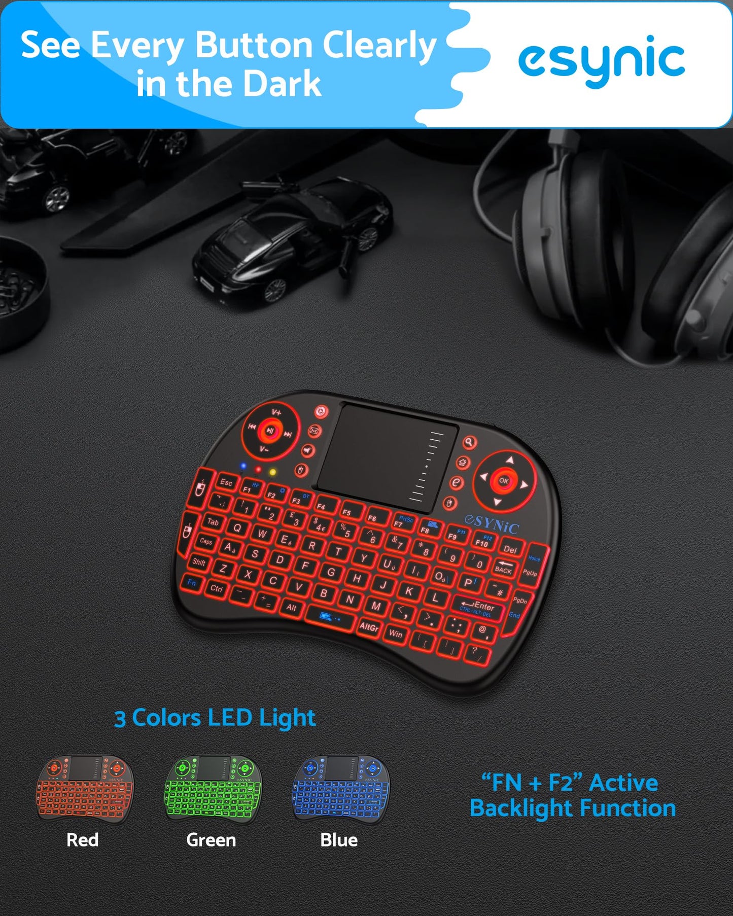 eSynic Upgraded Backlit Keyboard Wireless Bluetooth 2.4GHz Keyboard Touchable Portable with Touchpad Mouse and Built-in Rechargeable Battery For Google Smart TV Android Box Windows Laptop