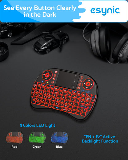 eSynic Upgraded Backlit Keyboard Wireless Bluetooth 2.4GHz Keyboard Touchable Portable with Touchpad Mouse and Built-in Rechargeable Battery For Google Smart TV Android Box Windows Laptop