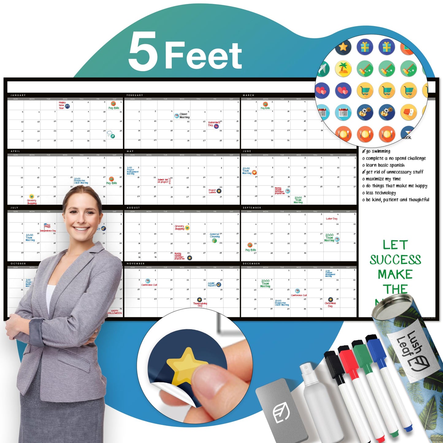 Calendar Whiteboard for Wall, 38" x 68" - Dry Erase, Undated, Yearly, Reusable - 12 Month 2025 Big Calendar for Home, Classroom & Office, Includes Markers, Erasers & Accessories