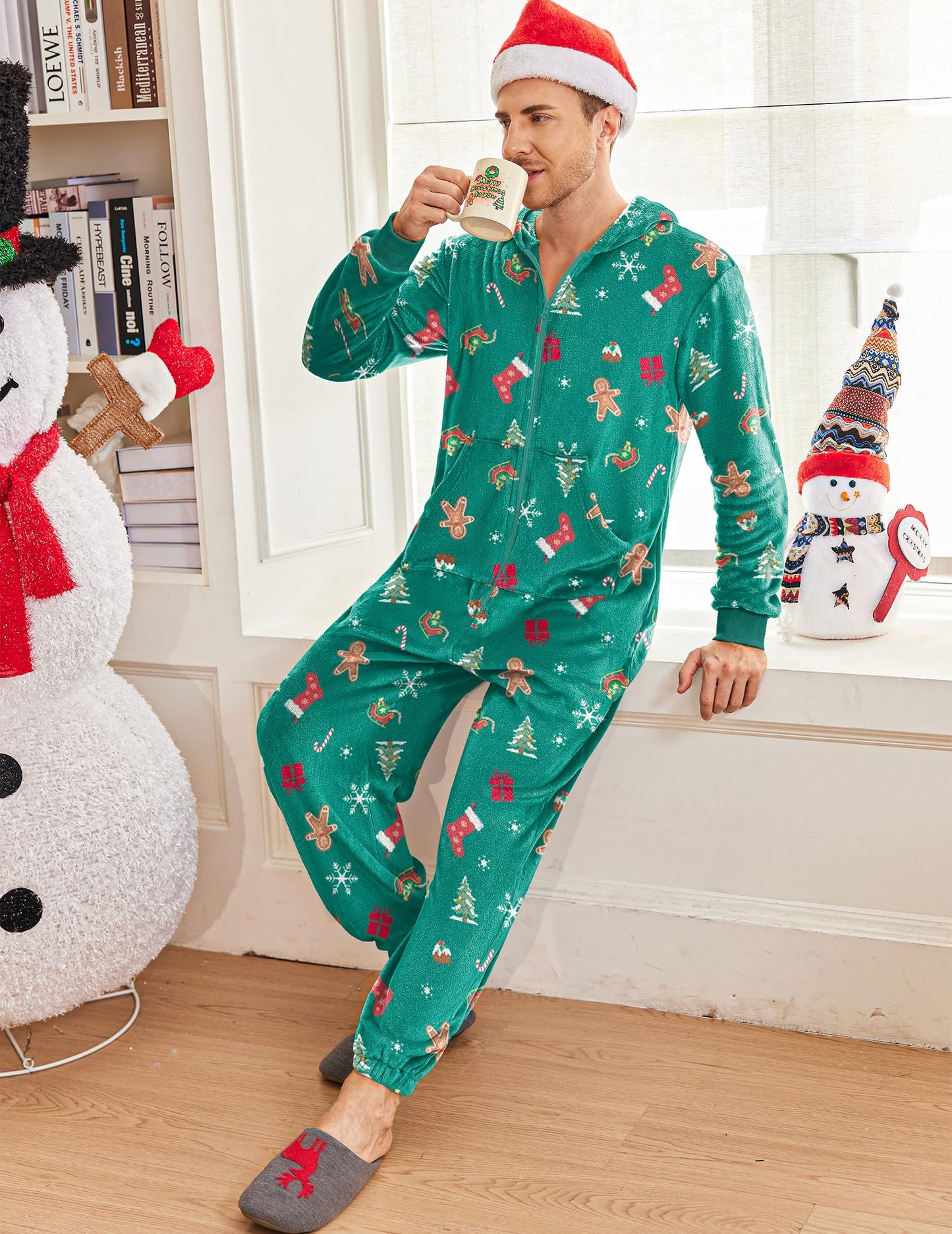 Ekouaer Mens Onesie Christmas Hoodie Fleece One Piece Pajamas Zipper Up Flannel Adult Pjs S-XXL Green Snowflake M