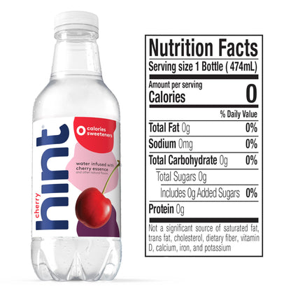 Hint Fruit-Infused Bottled Water, Cherry - Sugar Free Flavored Water with Zero Calories, Naturally Flavored, and No Artificial Sweeteners - 16 Fl Oz (Pack of 12)
