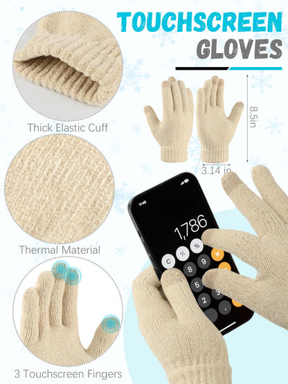 Winter Warm Hat Scarf and Touch Screen Gloves Set, Knitted Pom Beanie Hat Neck Warmer Long Scarf Winter Gloves for Women Men