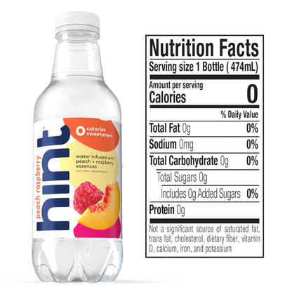 Hint Fruit-Infused Bottled Water, Peach Raspberry - Sugar Free Flavored Water with Zero Calories, Naturally Flavored, and No Artificial Sweeteners - 16 Fl Oz (Pack of 12)