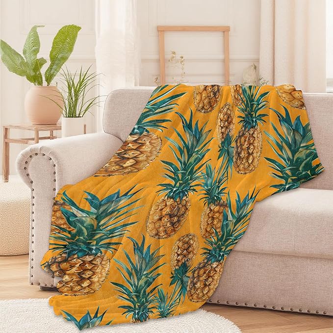 Yellow Pineapple Fruit Throw Blanket for Boys Girls Kids Adults Women, Fuzzy Warm Soft Cozy Flannel Blankets Gifts for Bedroom, Couch, Travel, Home Decor 60x80 in