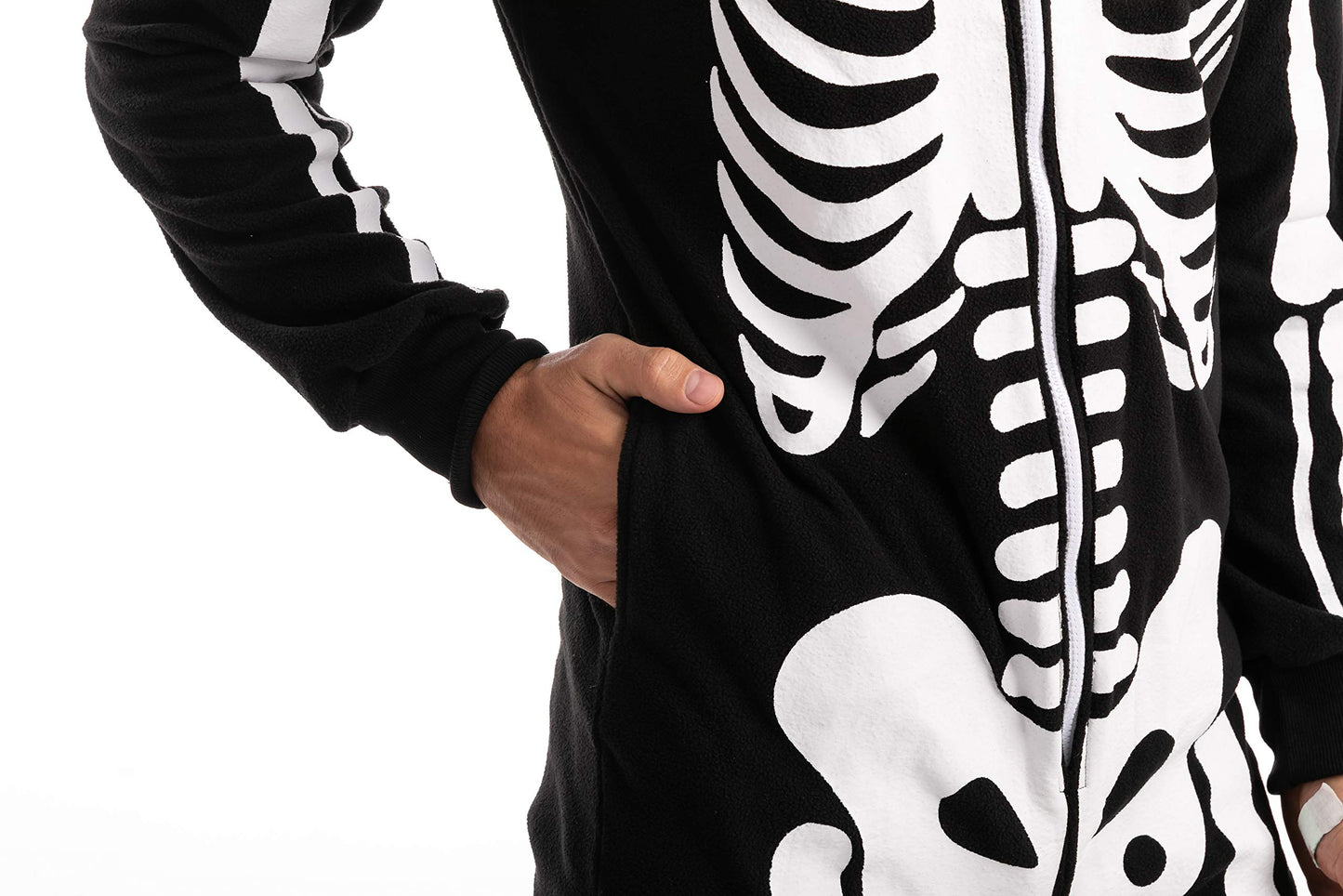 Spooktacular Creations Halloween Skeleton Pajama, Adult Skeleton Costume, Unisex Adult Jumpsuit Plush Hoodie, One-piece Zipper Pajama for Men Women Halloween Dress-up Cosplay Costume Themed Parties