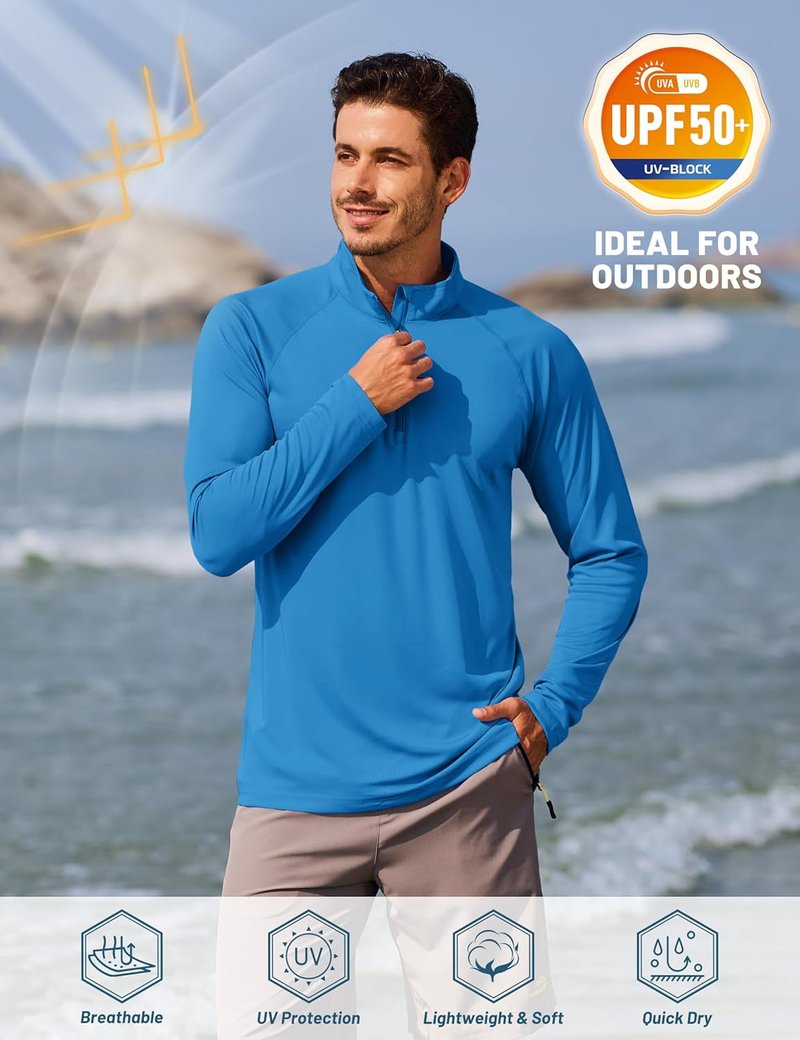 Men's Long Sleeve Athletic Shirt - 1/4 Zip Sun Protection Rash Guard | UPF 50+ Running Tee