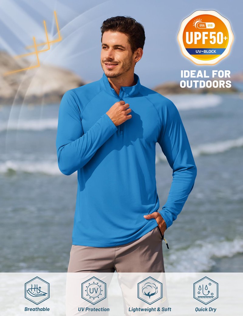 TACVASEN Long Sleeve Swim Shirt for Men Rashguard Quick Dry Fit 1/4 Zip Pullover Athletic Beach Shirts for Sun Protection Workout T-Shirt Blue