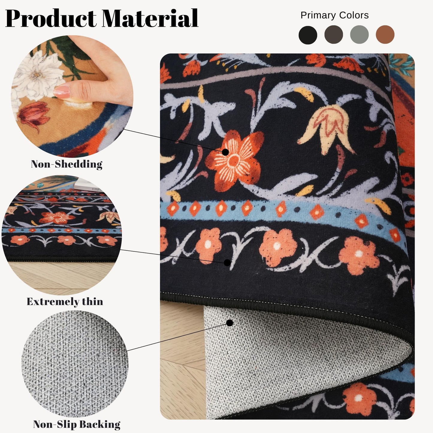 Vowkten Bohemian Geometric Floral Area Rugs 5x7, Machine Washable, Low Pile Soft Carpet, Non-Slip for Living Room, Bedroom, Dining Room, Farmhouse, Kids Playroom, Office | Black