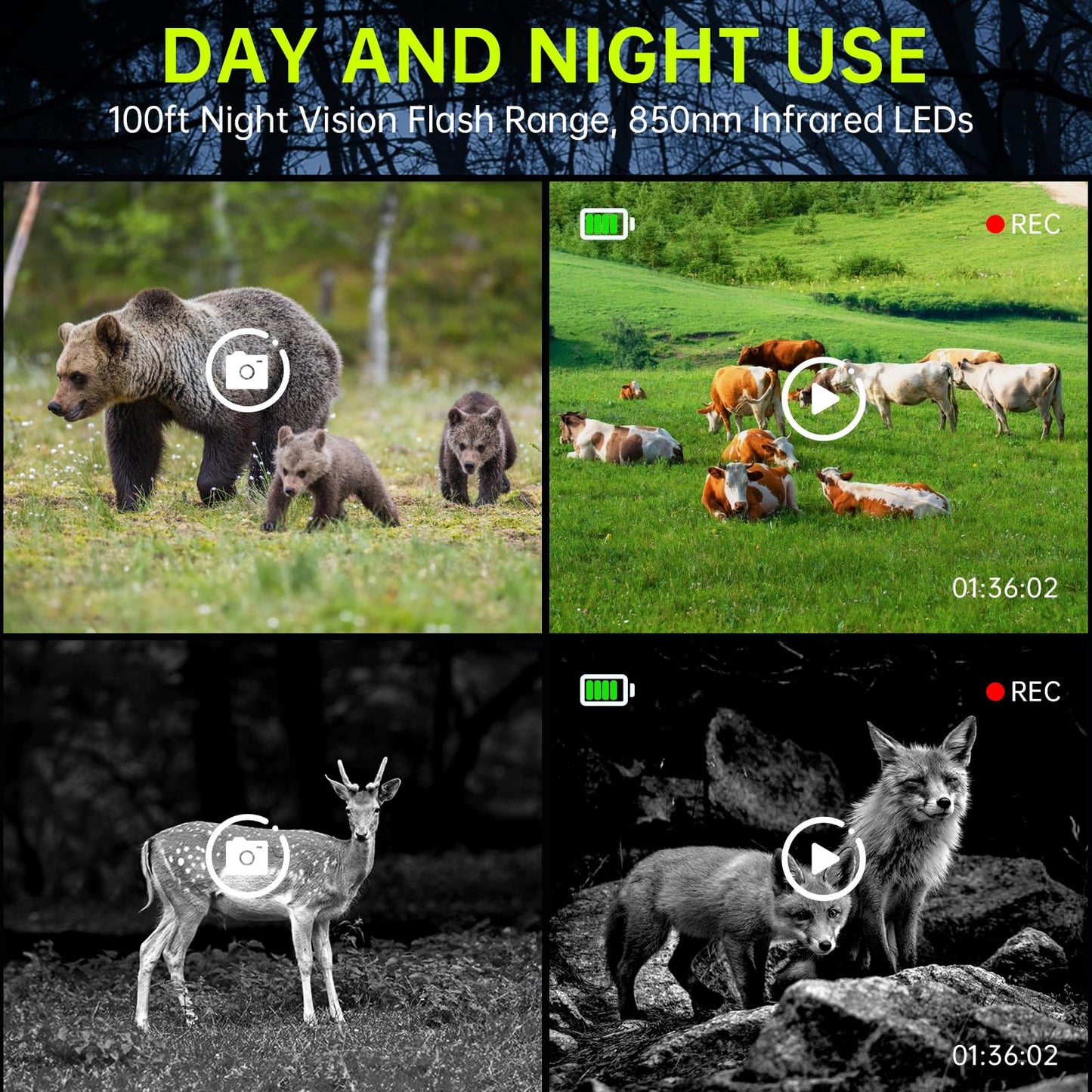 FKPCAM Trail Camera 4K 64MP Solar WiFi Game Hunting Camera with Night Vision– Built-in 5000mAh Battery, IP67 Waterproof, Motion Activated, 64GB Memory Card