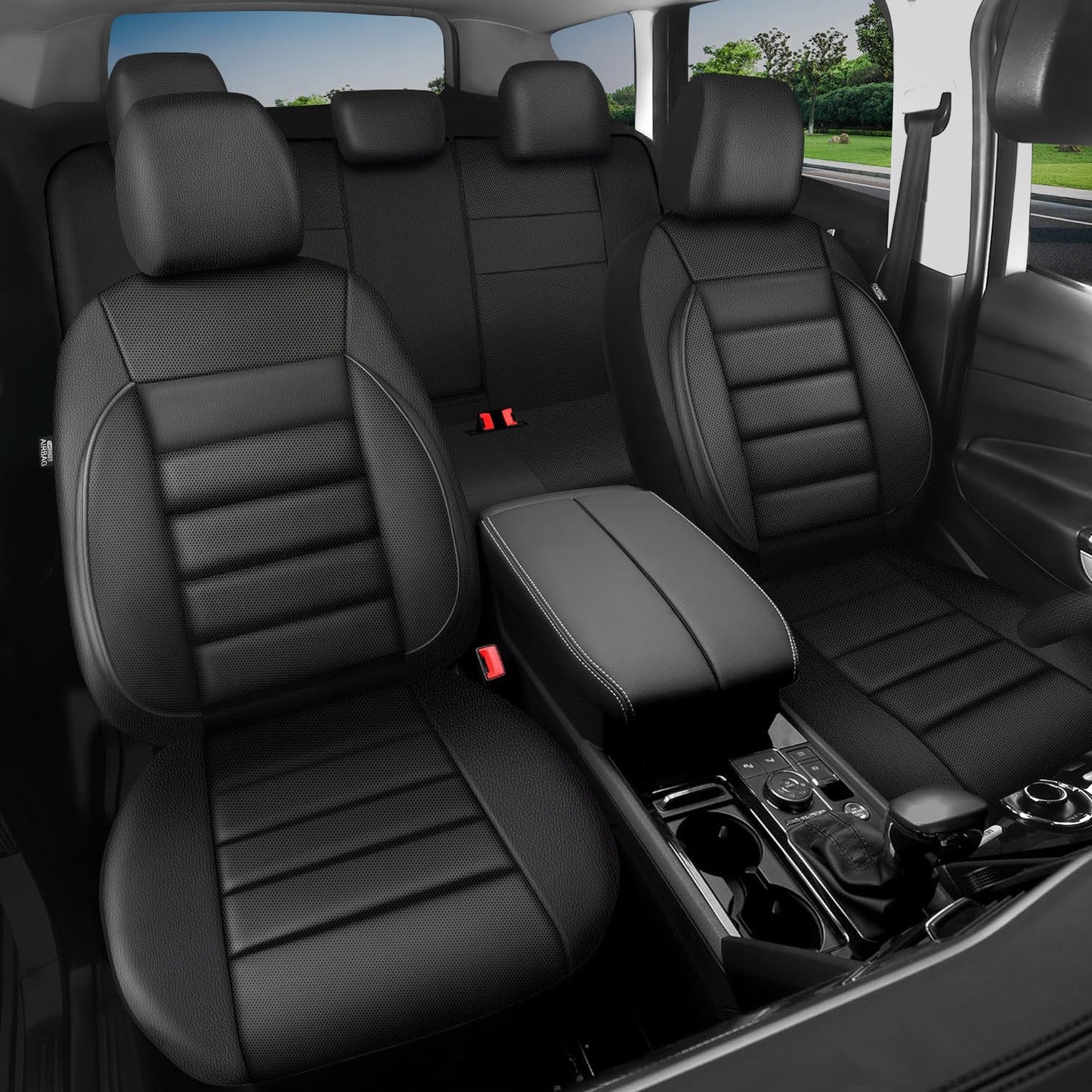 CAR PASS Leather Seat Covers Full Set Universal Water Resistant 3D Foam Back Support, Luxury Comfort Automotive 5 Seat Covers All Season Fit for SUV,Sedan,Van, Airbag Compatible Elegance(Pure Black)