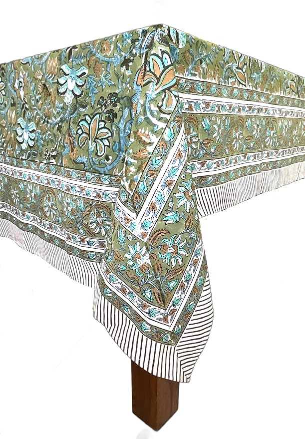 ATOSII Eden Green100% Cotton Boho Rectangle Handblock Print Floral Tablecloth I Dining Table Linen I Parties, Wedding, Outdoors, Thanksgiving I Spring Summer 60 X 90 Inches