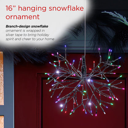 Alpine Corporation 16"H Indoor Holiday 3D Snowflake Hanging Ornament with LED Lights, Silver , Christmas Decoration