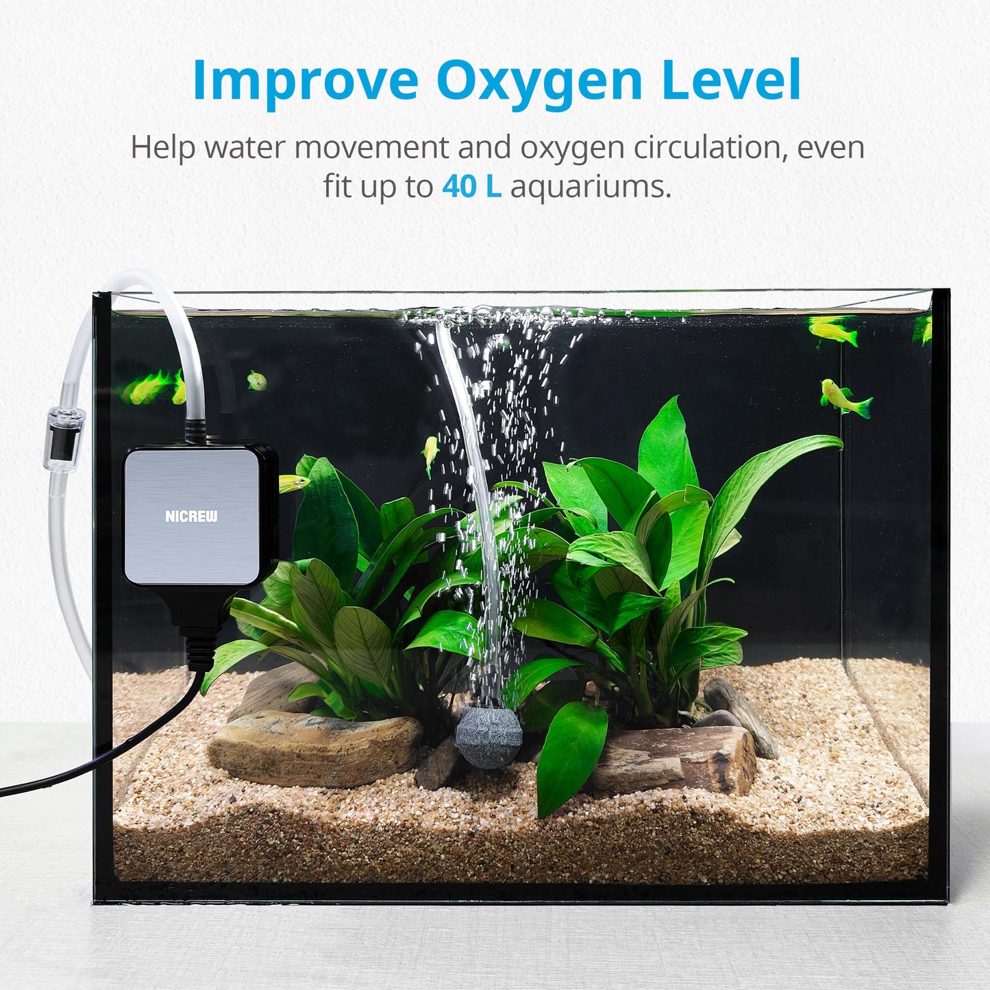 NICREW Air Pump Aquarium Ultra Quiet <33 dB, Nano Silent Mini Oxygen Pump up to 40 L, Accessories for Fish Tanks, 18 L/H, 1.5 W