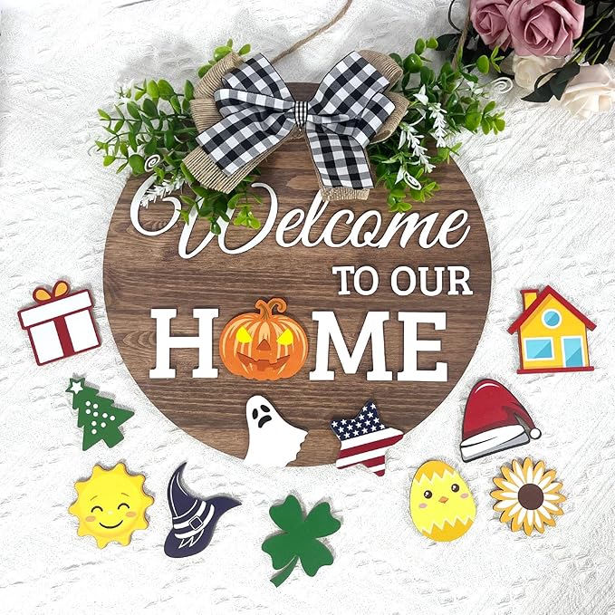 Interchangeable Seasonal Welcome Sign Front Door Decoration, Rustic Round Wood Wreaths Wall Hanging Outdoor Decor for Spring Summer Autumn and Winter All Seasons Holiday Halloween Christmas