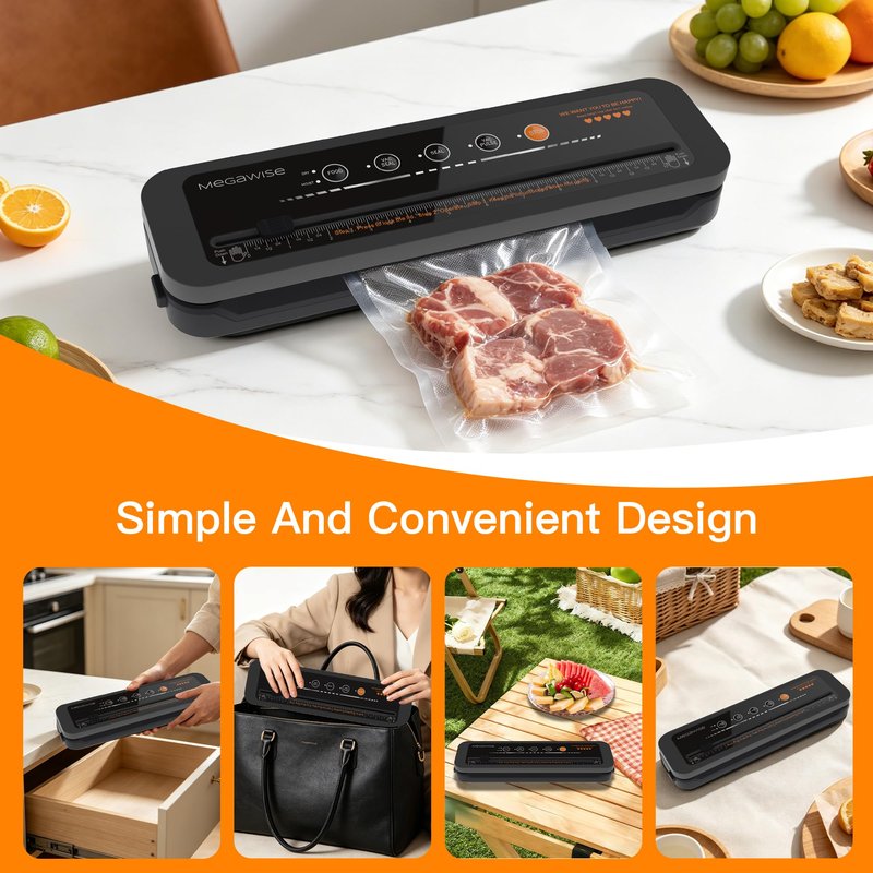 MegaWise Vacuum Sealer Machine | 80kPa Suction Power| Bags and Cutter Included | Compact One-Touch Automatic Food Sealer with External Vacuum System | Dry Moist Fresh Modes for All Saving needs