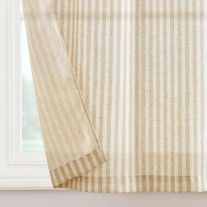 jinchan Tab Top Linen Kitchen Curtains 24 Inches Striped Tier Curtains Farmhouse Modern Cafe Style Small Window Treatments Airy Light Filtering Rod Pocket for Living Room Bathroom 2 Panels Beige