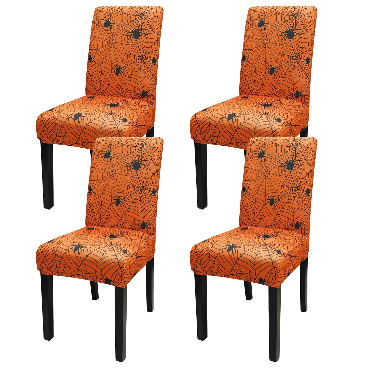 JQinHome Halloween Orange Dining Chair Slipcover, Spider Web Chair Covers Set of 4 ，High Stretch Washable Chair Protector Cover for Dining Room, Kitchen,Home Party,Wedding Ceremony(Orange, 4PC)