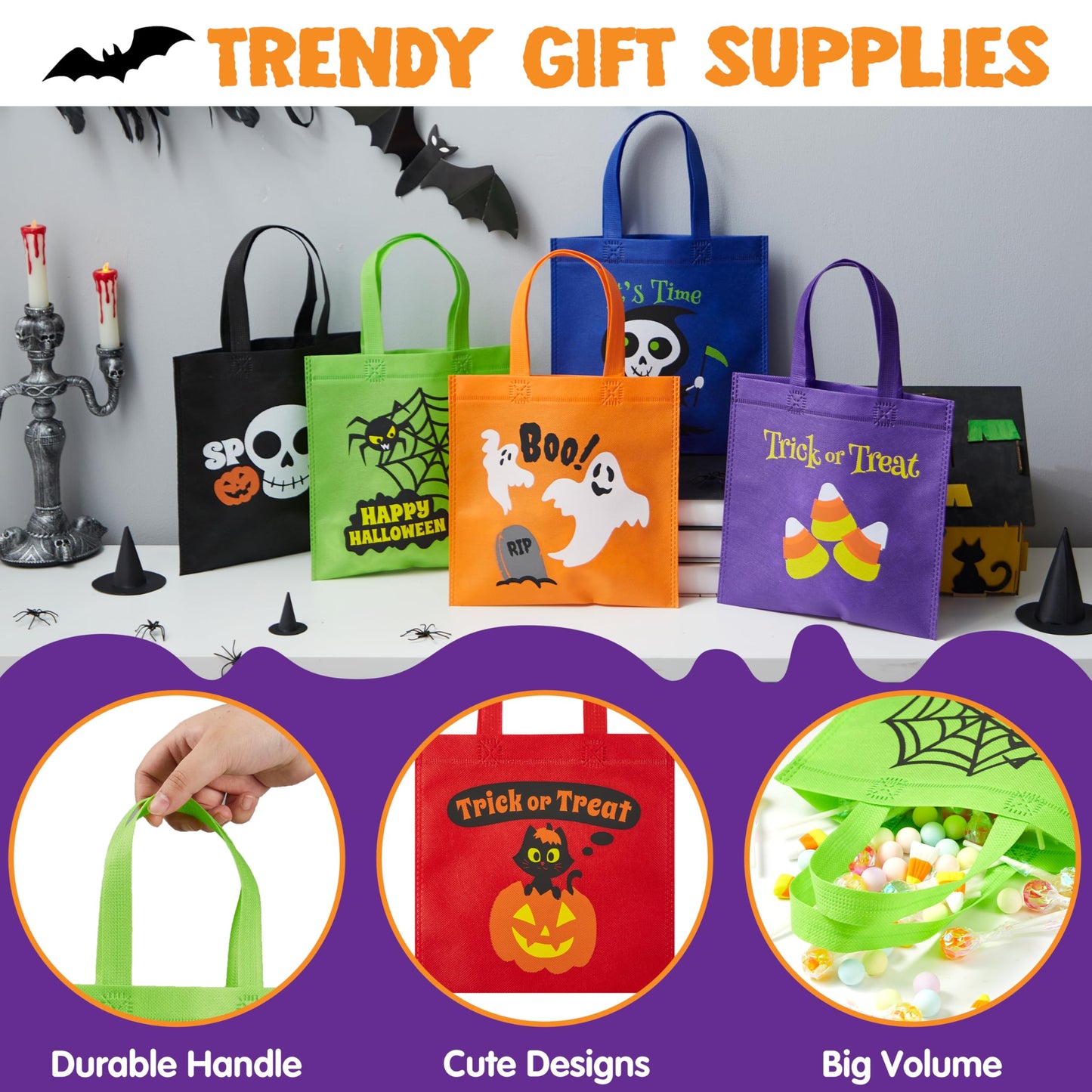 JOYIN 24PCS Halloween Non-Woven Treat Bags, 9" Goodie Totes Bags with Handles, Halloween Candy Bag for Kids Trick or Treating, 6 Cute Designs Gifts Goody Bag Bulk for Classroom Party Favor Supplies