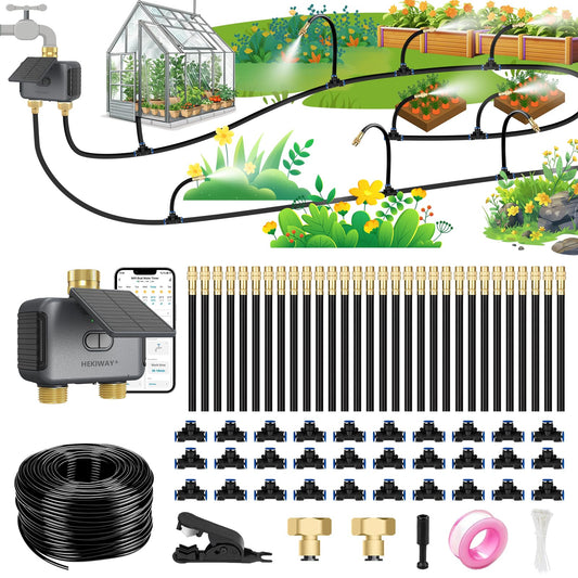 HEKIWAY 120FT Drip Irrigation System with WiFi Solar Water Timer, Automatic Garden Watering Kit with Dual Metal Tube Brass Connectors, 360° Adjustable Nozzles for Garden, Greenhouse & Lawn