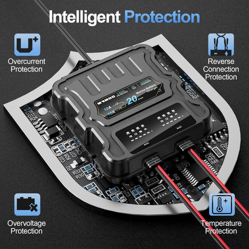 MVMOD 2 Bank Marine Battery Charger, 20A (10A/Bank) 12V IP68 Waterproof Lithium Onboard Battery Charger for SLA/AGM, Lithium(LiFePO4), Calcium Batteries
