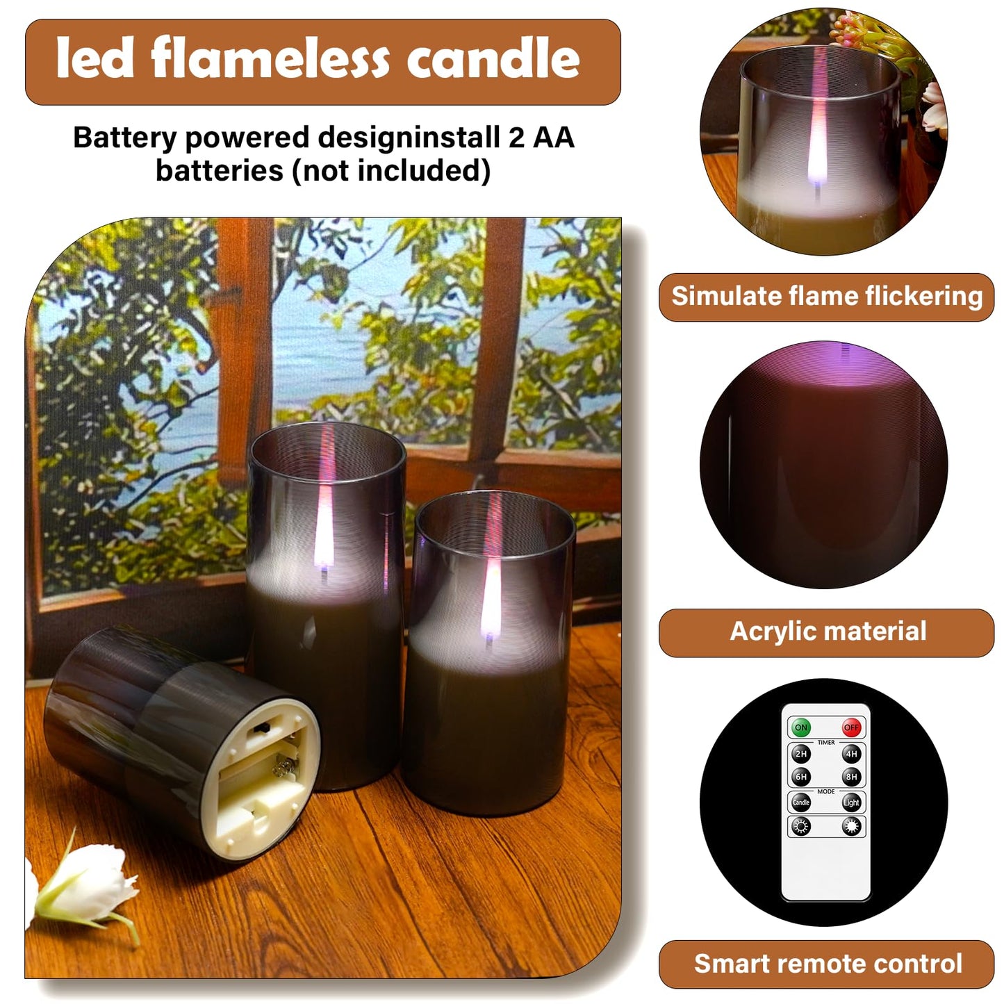 kakoya Flameless Candles Upgraded Realistic Flickering Flame,Battery Operated LED Candles with Remote Timers,Acrylic Electric Candles Set of 3(D 3" xH 4" 5" 6")（Grey）