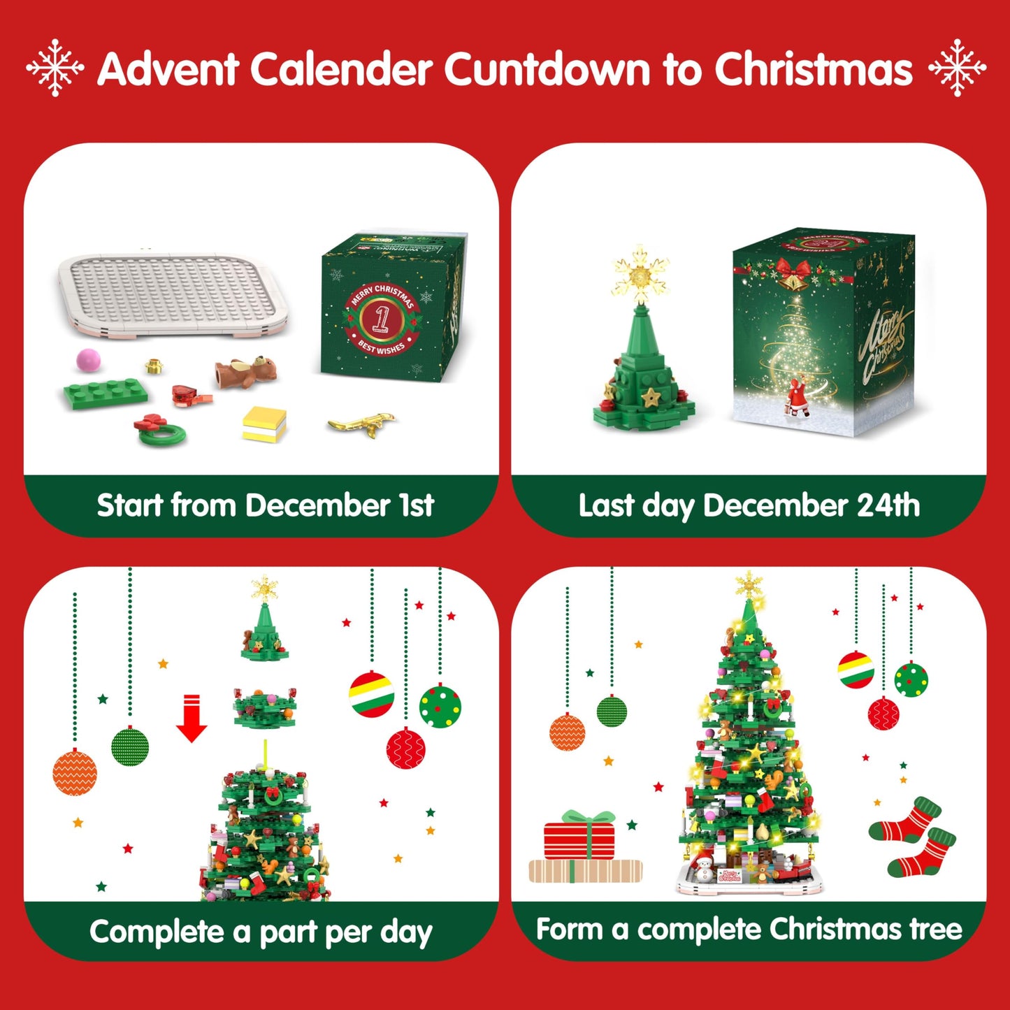 Advent Calendar 2025 Christmas Tree Building Toy Set with LED light, Christmas Countdown Calendar, 24 Days Building Block for Kids Adult Creative Gifts for Adults Teens Girls Ages 8+