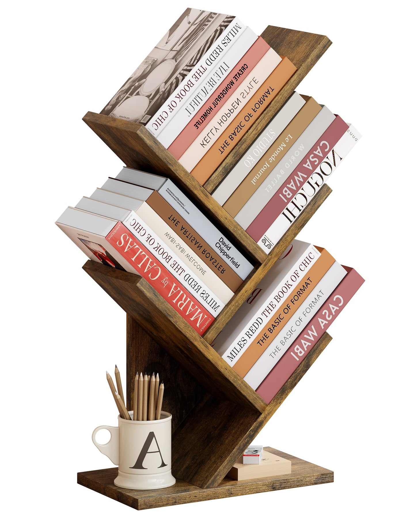 Hoctieon 4 Tier Tree Bookshelf, 4 Shelf Bookcase, Modern Book Storage, Free Standing Tree Bookcase, Utility Organizer Shelves for Home Office, Living Room, Bedroom, Rustic Brown