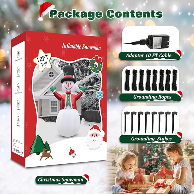 FunFanso 12 FT Christmas Inflatable Giant Snowman Outdoor Decorations, Blow up Snow Man Wear Magic Hat & Red Suit, Built-in Bright LED Lights for Holiday Lawn Yard Garden Patio Porch Xmas Party Decor