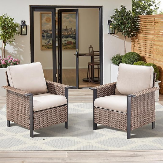 2 Pieces Outdoor Patio Furniture Set-Outdoor Wicker Chairs of 2, All Weather High Back Rattan Chairs 2-Seater with Comfy Cushions for Patio Porch Deck Brown/Beige