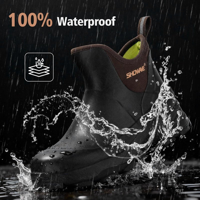 Showave Men's Rubber Boots Waterproof Rain Footwear Durable Short Hunting Boots for Mud Gardening Yard and Chore Working (Size 9,Brown)