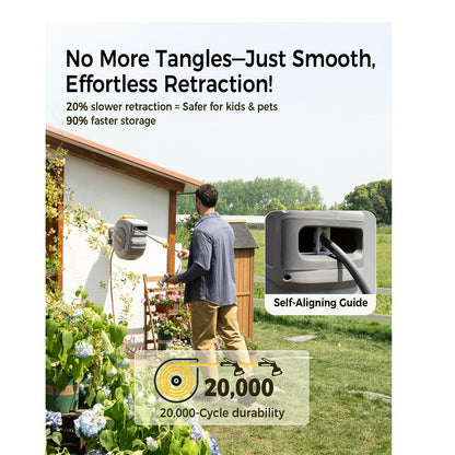 GLAHODEN Retractable Garden Hose Reel 5/8 in x 100 ft Upgraded UV Resistant Heavy Duty Automatic Hose Reel Wall Mount 3/4 in Brass Fitting 9 Pattern Nozzle Any Length Lock Slow Retraction 180° Swivel