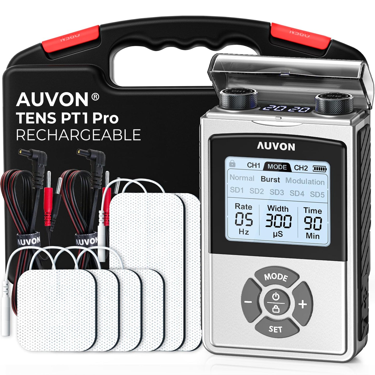 AUVON Rechargeable Digital TENS Unit Muscle Stimulator with 600 mAh Battery, TENS Machine with 8 Customizable Modes, Electric Massager for Shoulder, Back Pain Relief, 6 TENS Pads, A Carry Case