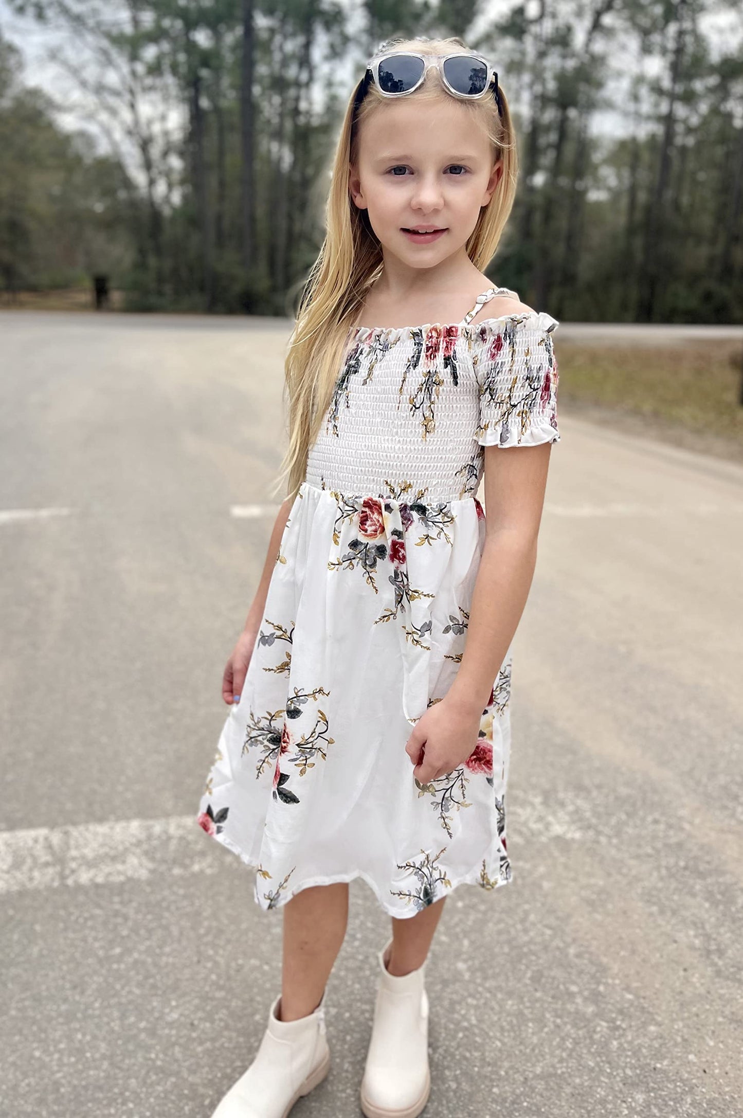 Arshiner Girl Short Sleeve Floral Print Cute Casual Fit and Party Dress White for 12-13 Years