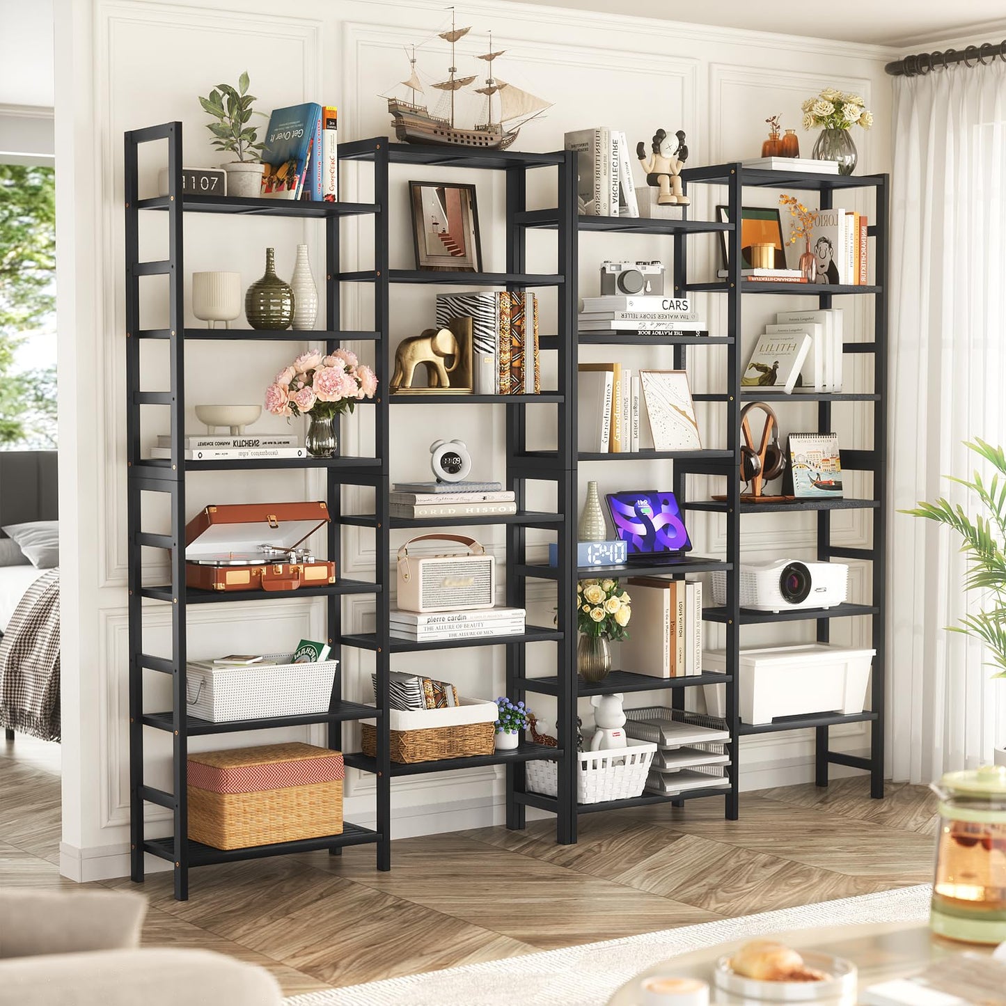 Homykic Double Wide Bamboo Bookshelf Black, 6-Tier Large Open Bookcase with 12 Display Shelves, 6ft Tall Freestanding Book Shelf for Home Office, Bedroom, Living Room, Plants