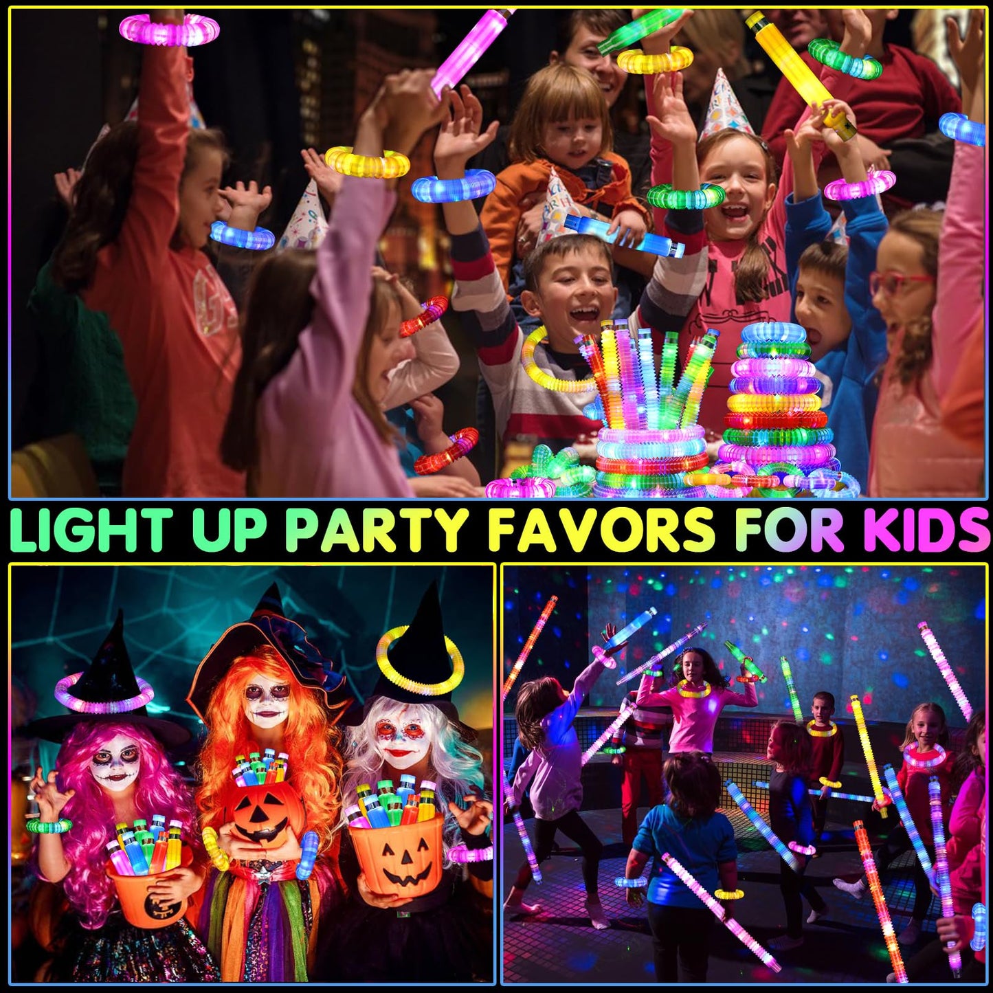 Vheex 24 Pack Glow Sticks Classroom Party Favors for Kids 4-8 8-12, Halloween Goodie Bags Stuffers Light Up Sensory Pop Tubes, Glow Necklaces Bracelets Party Supplies, 2025 Birthday Return Gifts