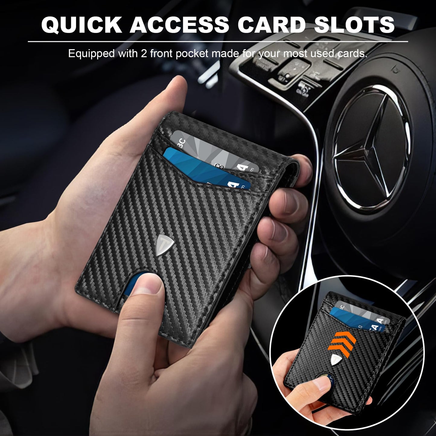 TEEHON Mens Wallets Slim RFID Blocking Carbon Fiber Leather Wallet with up to 12 Credit Card Holder, Strong Money Clip & ID Window Minimalist Bi-Fold Wallets for Men UK with Gift Box - Black