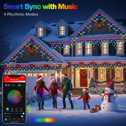 33FT Smart RGB Christmas Icicle Lights – APP Control LED String Lights for Outside, Music Sync, DIY Color Changing, 58+ Modes, Connect 3 Strands (99FT) – Waterproof Icicle for Roof, Tree, House