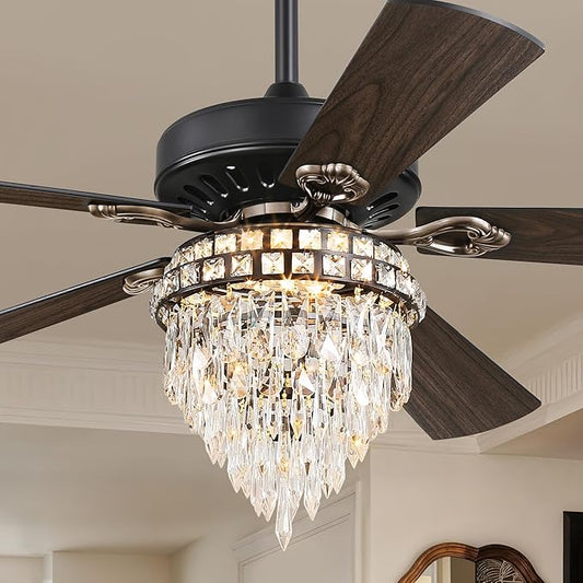 Fanbulous 52 Inch Farmhouse Fandelier Ceiling Fan with Light, Crystal Ceiling Fans Chandelier with 6 Speeds, Quiet Reversible Noiseless DC Motor, 3CCT, Indoor Ceiling Fan for Living Room Bedroom