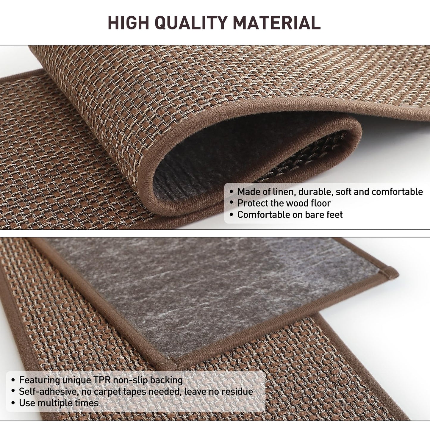 ZOMONETI 15pcs 8" x 30" Linen Non Slip Stair Carpet Treads for Wooden Steps, Machine Washable Stair Runners for Kids, Elders and Pets, Brown
