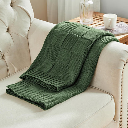 CozeCube Check Knit Throw Blanket, Christmas Green Checkered Bedroom Blanket for Couch, Soft Cozy Warm Knitted Blanket for Bed Sofa Living Room, Decorative Spring Fall Throw Blanket, 50"X60"
