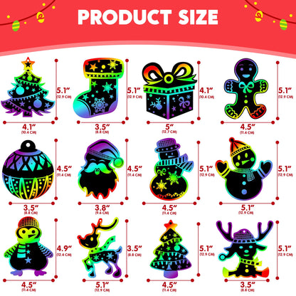 JOYIN 48 Pcs Christmas Scratch Art Ornaments, Rainbow Color Scratch Paper in Front Side & Coloring Card in Back Side, Scratch Off Kids Party Favors Supplies, Holiday DIY Art Craft Kit Activities Gifts