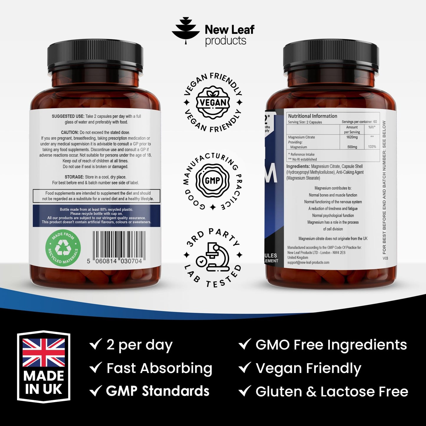 Magnesium Citrate Capsules 1620mg - Super Strength and High Absorption Magnesiums Supplements - with 500mg Elemental Vegan - Not Magnesium Tablets - Muscle & Sleep Support (Two Months Supply)