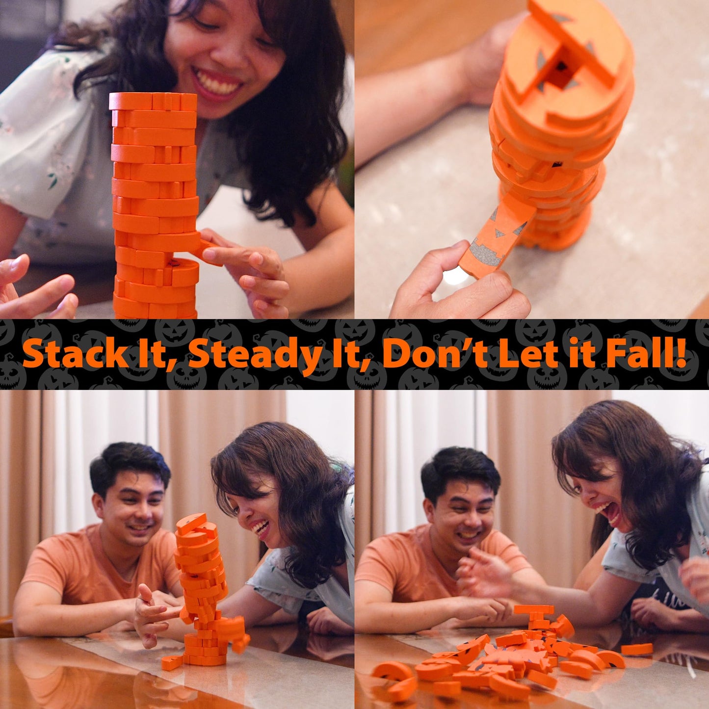 Funwares Wooden Blocks Stacking Game, Tumbling Tower and Balance Game, Family & Party Fun, Game for Kids and Adults, Ages 6+, Stack 'O Lantern, The Fall Pumpkin-Themed Wood Blocks Stacking Game