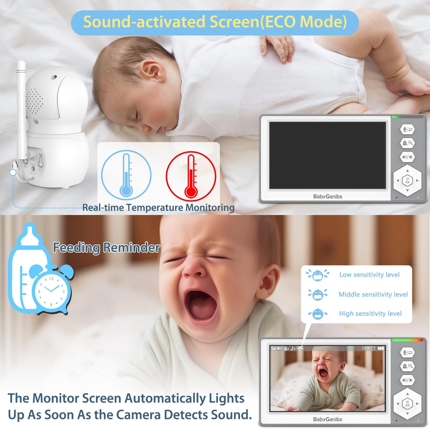 Baby Ganibs Baby Monitor with Camera and Audio, 4.3'' Video Baby Monitor with 1000ft Long Range and 30-Hour Battery, No WiFi,Night Vision, ECO Mode, 2-Way Talk