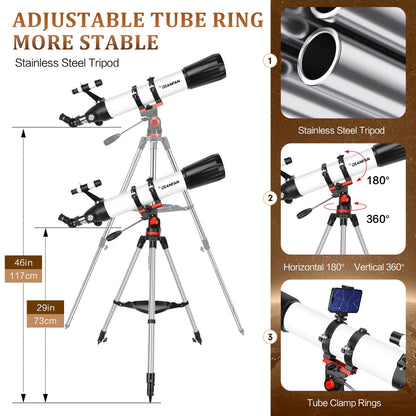 Dianfan Telescope,90mm Aperture 800mm Telescopes for Adults Astronomy,Portable Professional Refractor Telescope for Beginners,with Stainless Tripod & Phone Adapter,Carry Bag