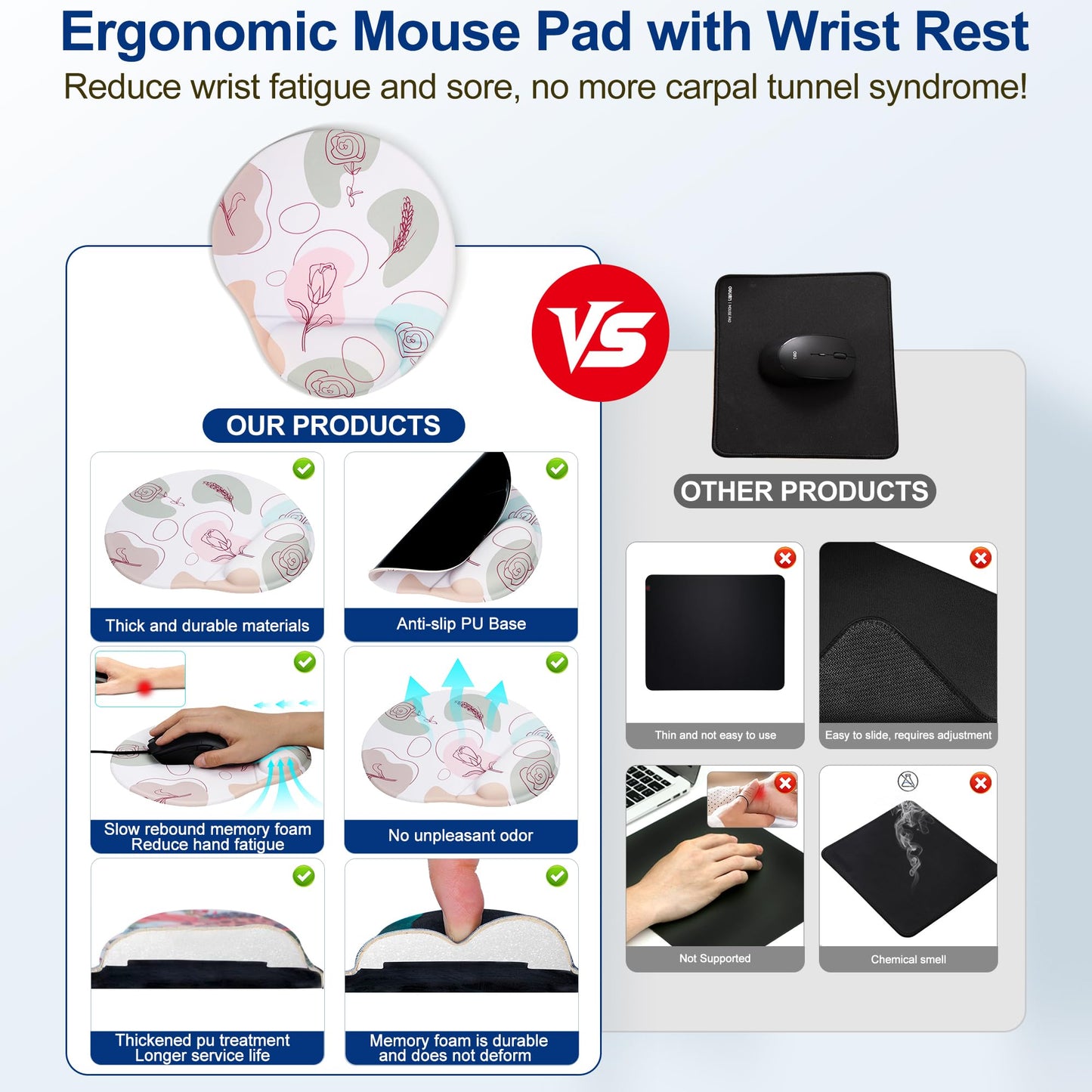 HODYXIN Ergonomic Mouse Pad with Wrist Support,Cute Floral Pattern Mouse Pads with Wrist Rest,Comfortable Mouse Pad for Home Office Gaming Work Computers Laptop with Non-Slip PU Base (Rose Fantasy)