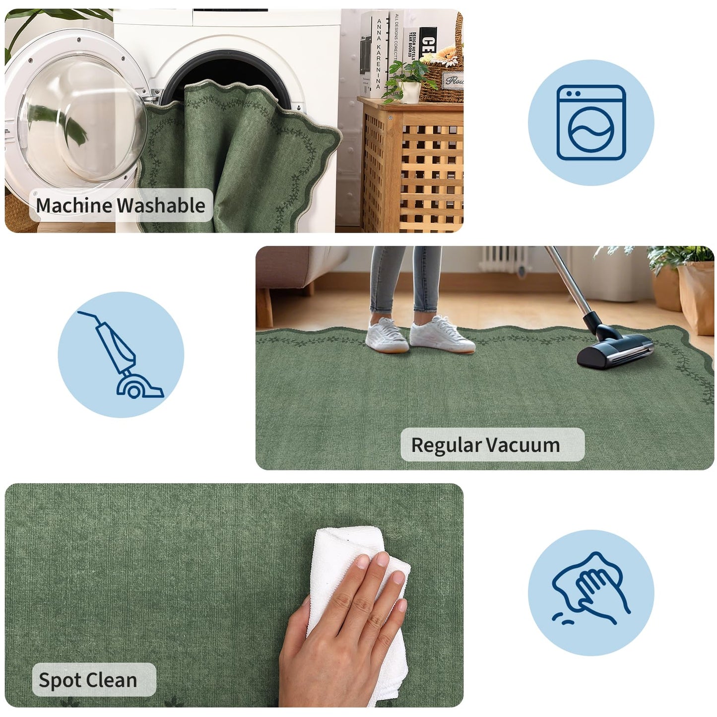 GarveeHome 2x6 Scalloped Washable Runner Rug for Kitchen, Soft Green Hallway Runner Non Slip Entryway Rug Farmhouse Thin Laundry Mat Stain Resistant Carpet for Bedroom Bathroom Beside Rug