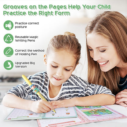 Magical Handwriting Workbooks Practice Copybook, Aid Magic Pen Reusable Grooves Template Design for Children (4 Books, 10.2×7.2 in)