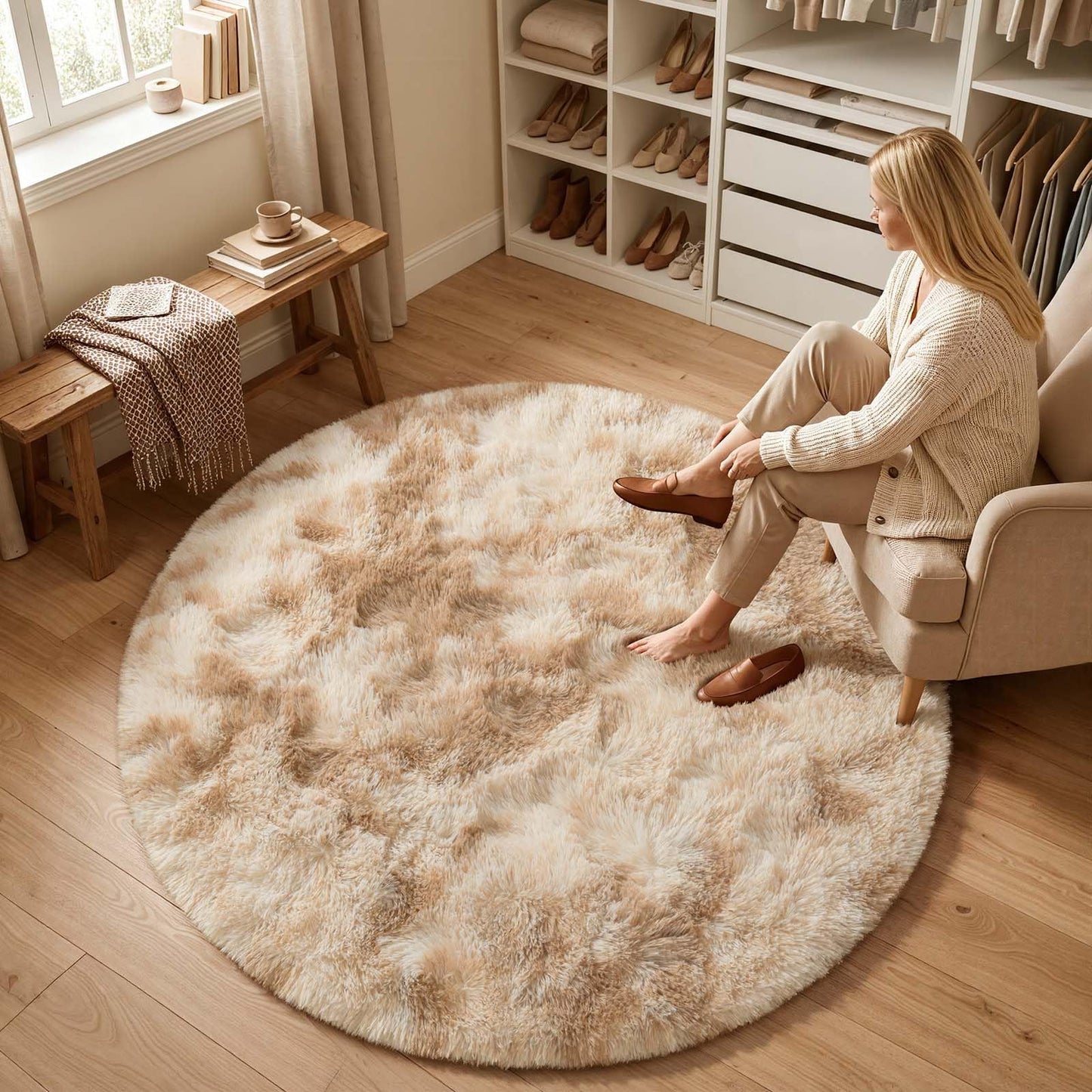 KIXINWA Round Rug for Bedroom, 5x5 Area Rug for Living Room, Fluffy Carpet for Kids Nursery Dorm Room, Soft Shag Non Slip Floor Rugs, Home Décor Carpet, Machine Washable, Tie-Dyed Camel