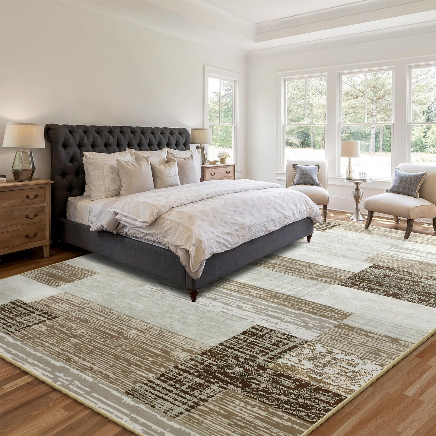Large Area Rugs,Modern Geometric Patchwork Floor Decor for Bedroom Aesthetic Carpet, Rockwood Collection, Indoor Rugs for Living Room, Dining Room, Nursery, Office, Machine Washable Rug,4x6 Ft Beige